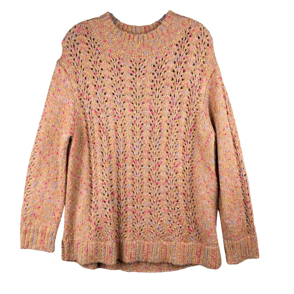 Democracy Womens Gold Metallic Pointelle Confetti Knit Sweater Size Large NWT